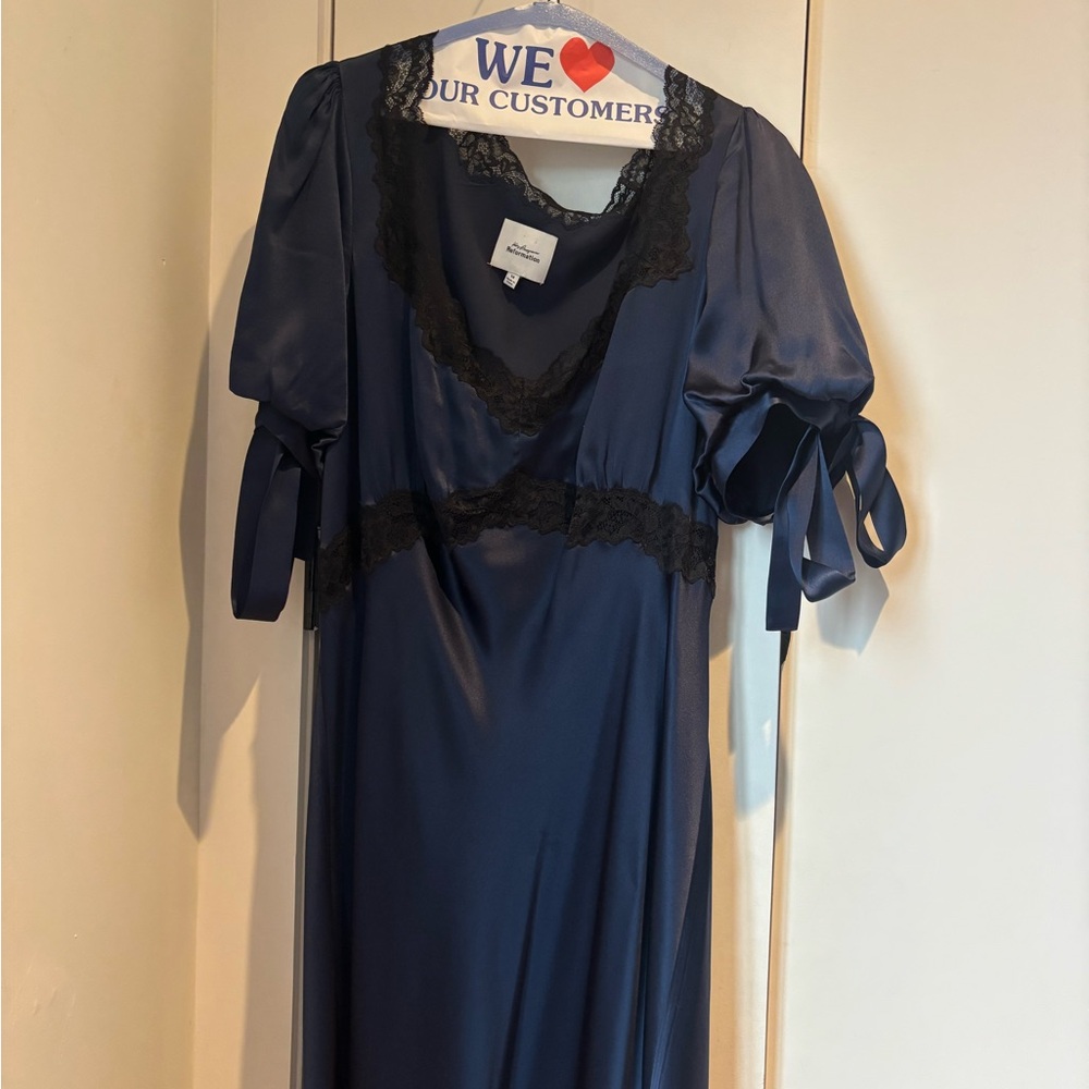 Reformation Navy Satin Lace-Trim Slip Stella Dress - Picture 2 of 2